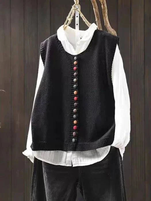 Gilet cardigan sans manches noir à rangée de boutons fantaisie