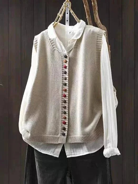 Gilet cardigan sans manches écru à rangée de boutons et bords côtelés