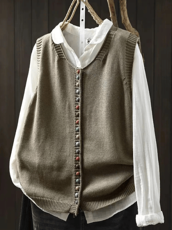 Gilet cardigan sans manches vert olive à patte de boutons multicolores