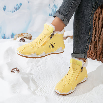 Bottines d’hiver jaunes à tige haute, lacets et doublure intérieure en fausse fourrure