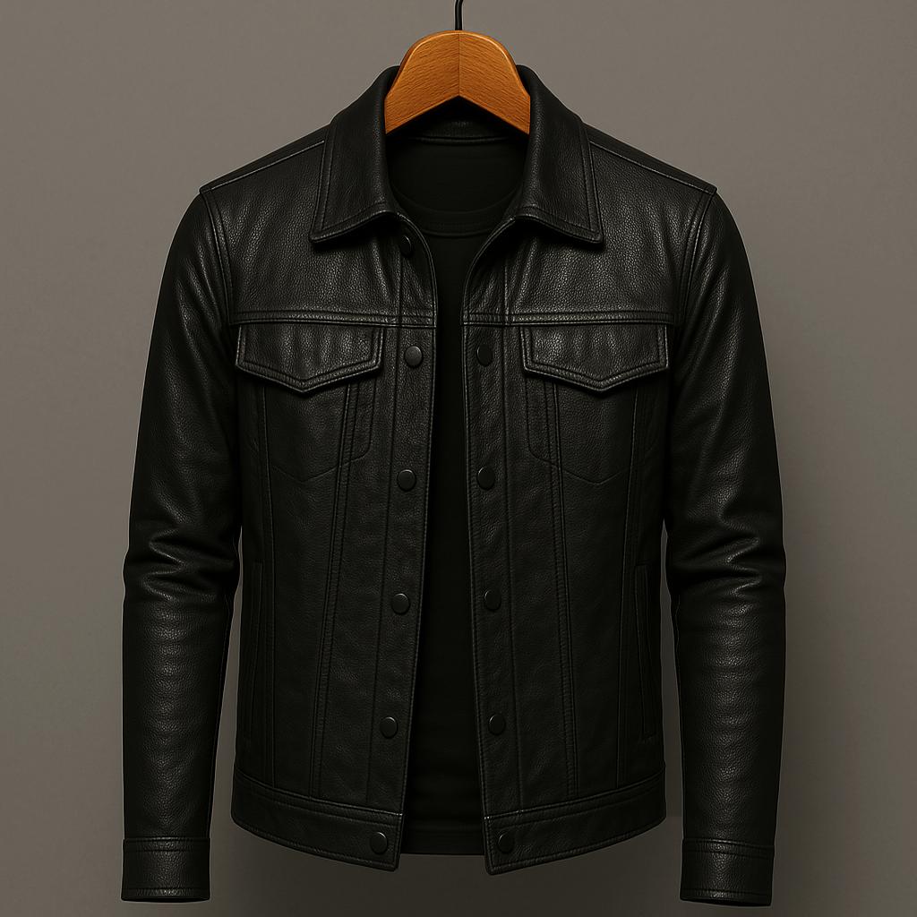 Veste en cuir noire Camden, col à revers, fermeture boutonnée, poches poitrine