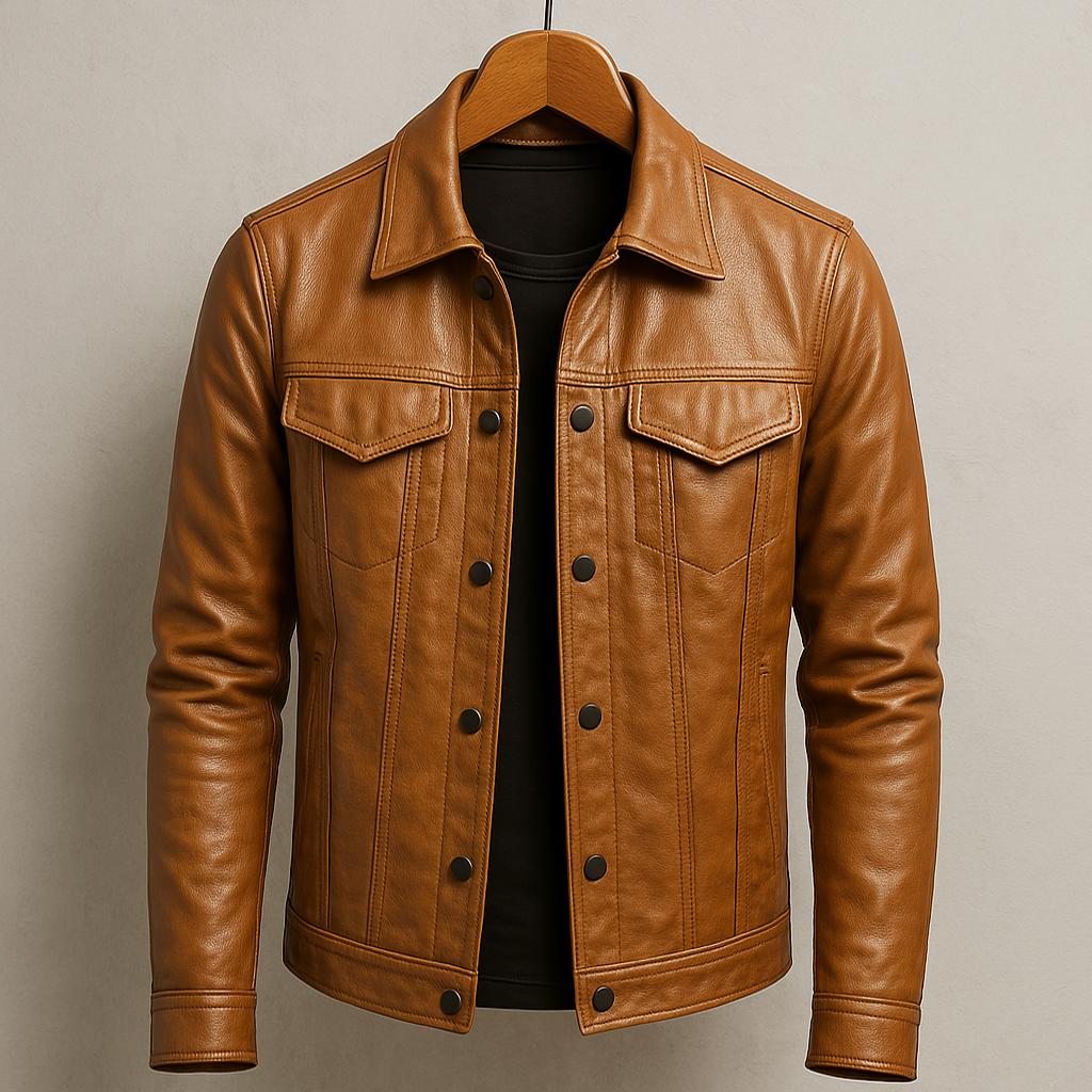 Veste en cuir marron, vue de face avec deux poches et boutons pression