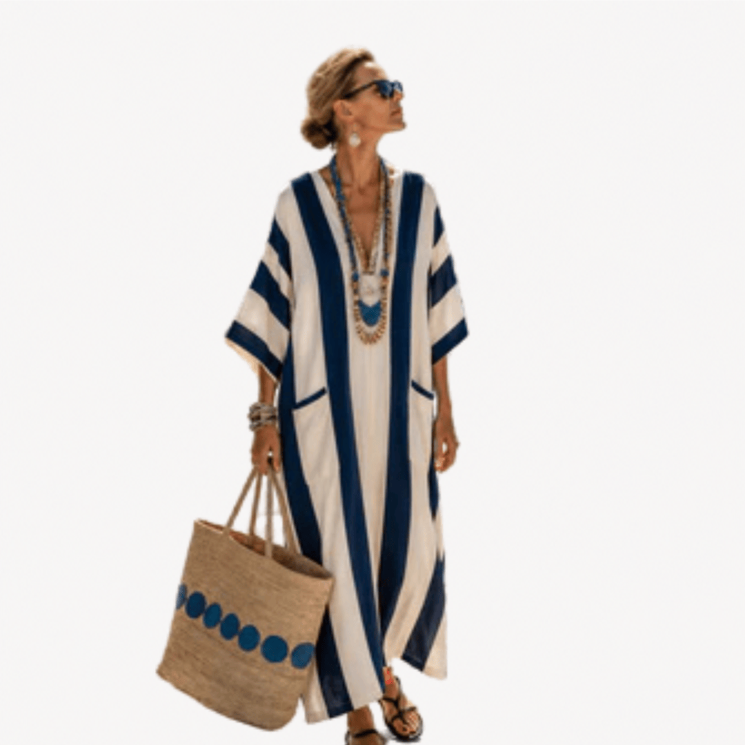 Kaftan longue rayé bleu foncé et écru, manches courtes, encolure en V