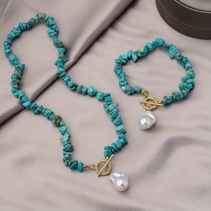 Collier et bracelet perles turquoise avec perles blanches pendantes et fermoir doré