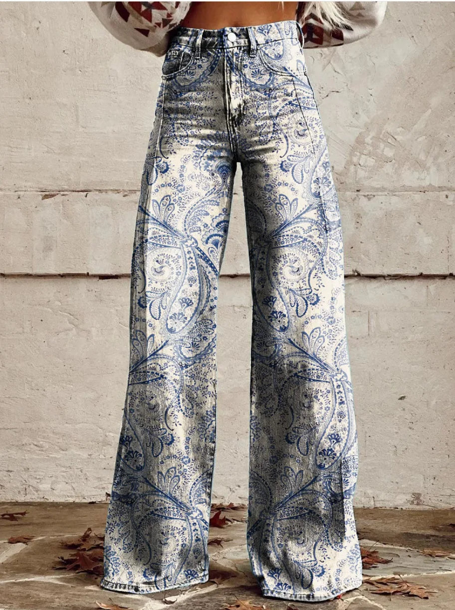 Pantalon ample à fleurs bleu clair, imprimé cachemire, jambes évasées, taille froncée.