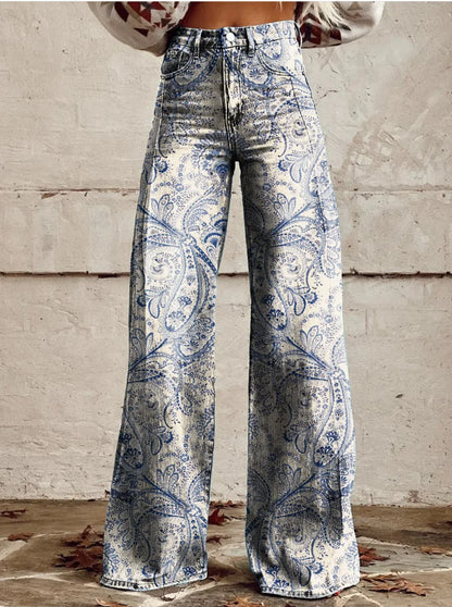 Pantalon ample à fleurs bleu clair, imprimé cachemire, jambes évasées, taille froncée.