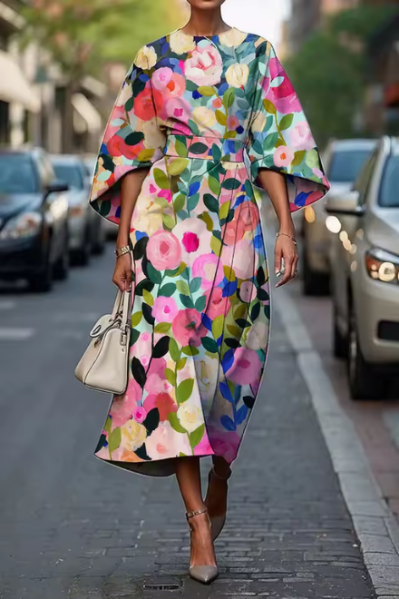 Robe midi fleurie colorée, manches évasées, ceinture nouée, décolleté rond