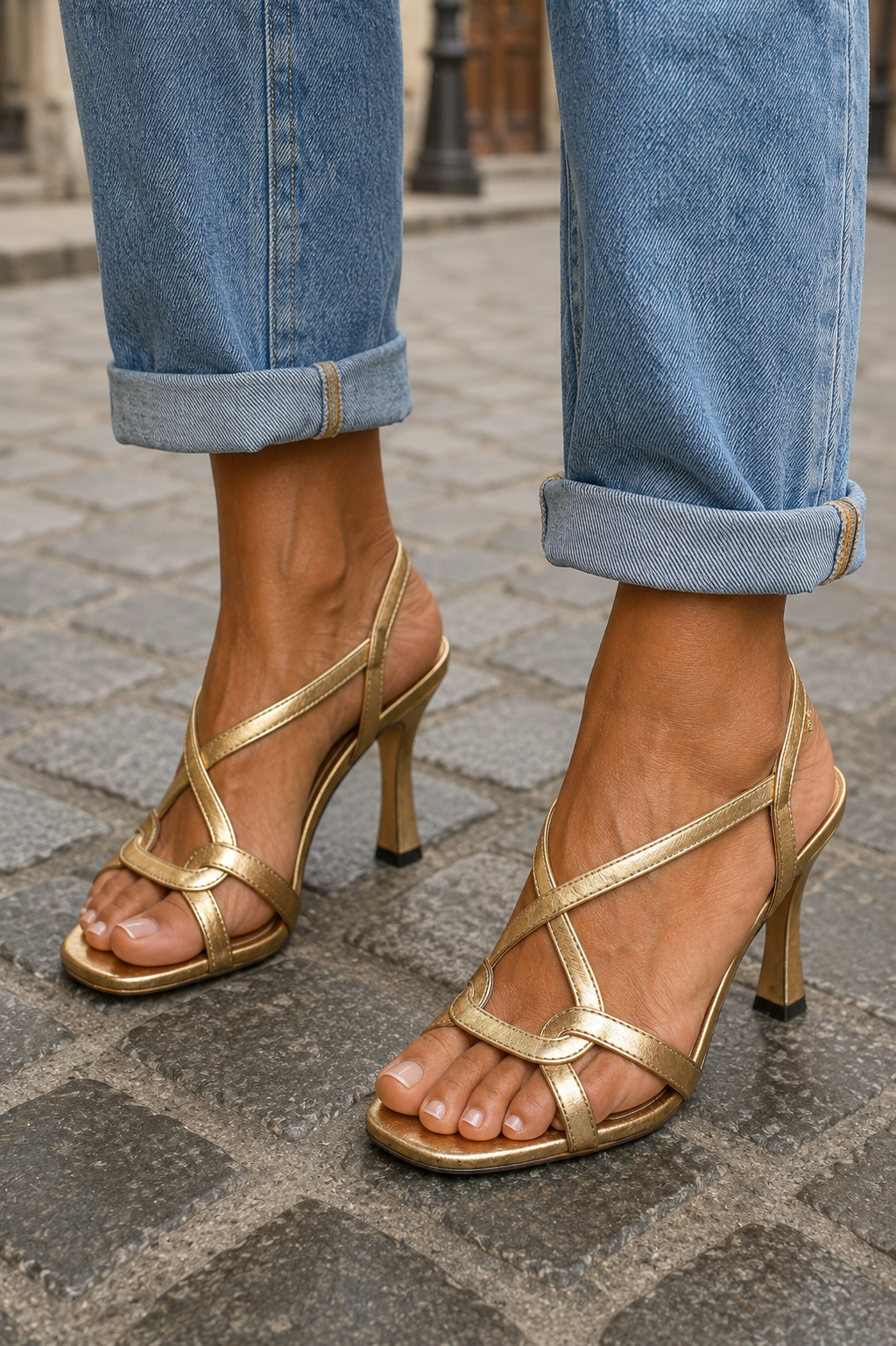Sandales dorées à talon, brides croisées et boucle, bout ouvert, avec jean