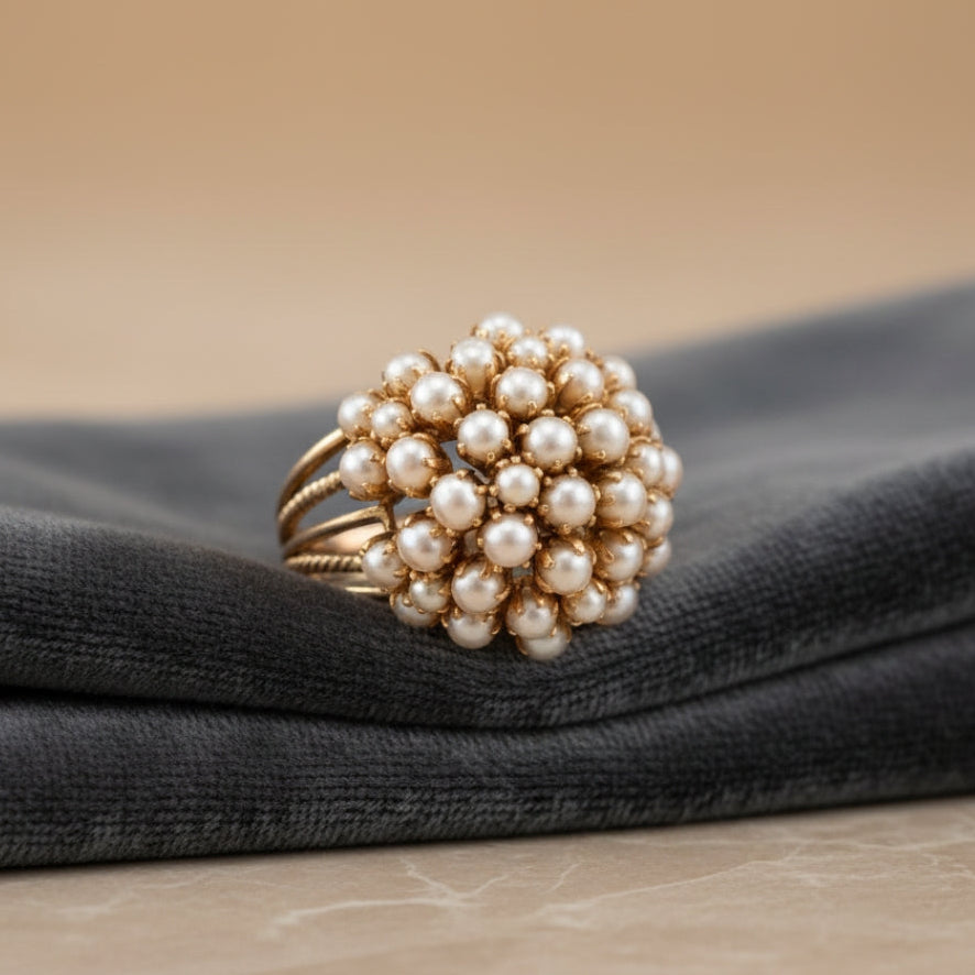 Bague dorée à grappe de perles nacrées sur tissu foncé