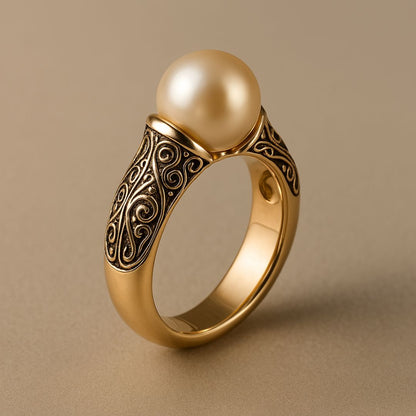 Bague dorée vintage avec perle nacrée bombée et motif filigrané sur l’anneau
