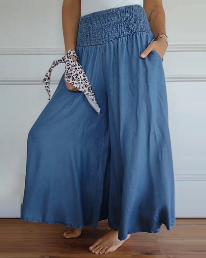 Pantalon ample bleu, taille élastique froncée, ample et fluide, longueur longue