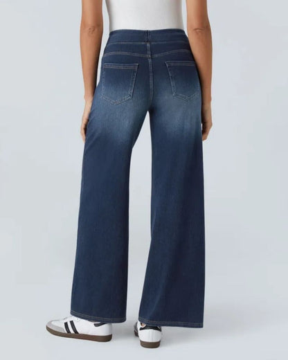 Jean à jambe large bleu foncé, taille mi-haute, poches et coutures apparentes