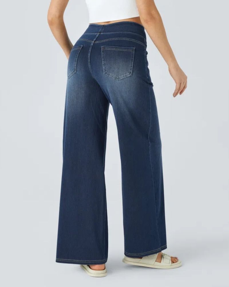 Jean à jambe large bleu foncé, vue arrière avec poches et surpiqûres