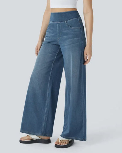 Jean à jambe large bleu clair, taille mi-haute, poches avant et surpiqûres