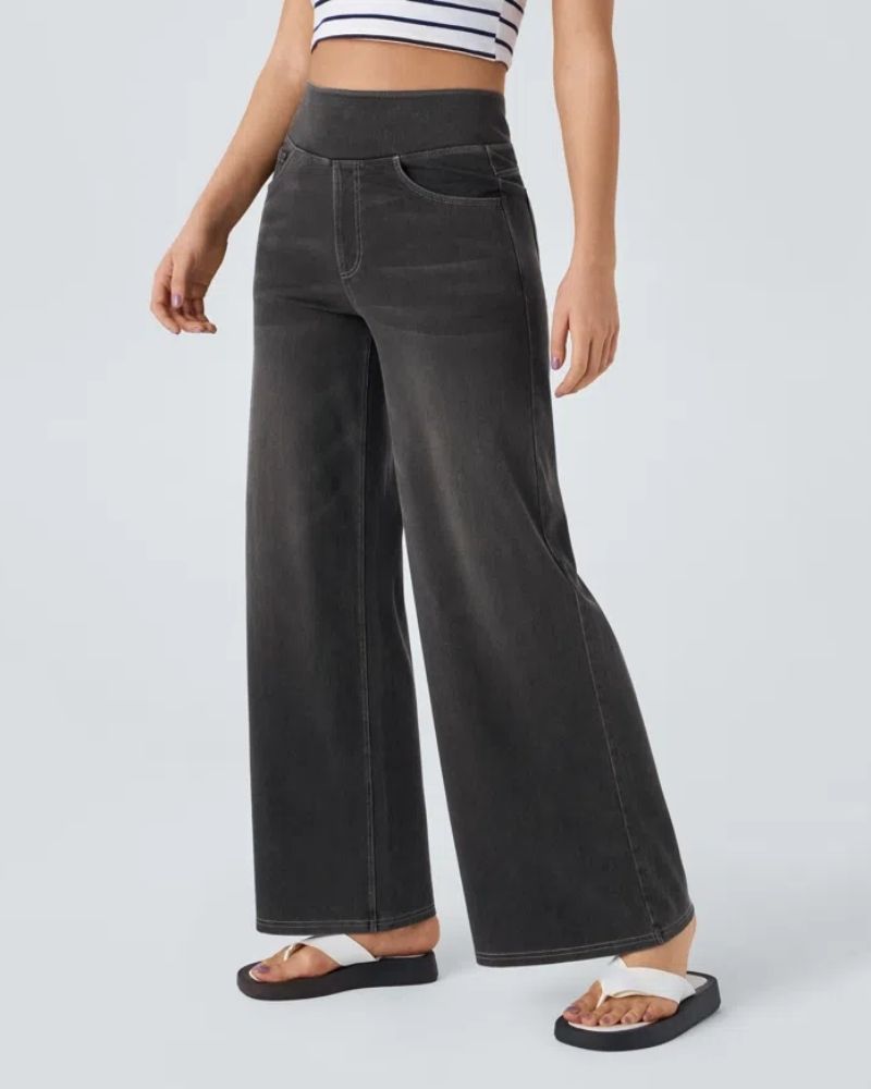 Jean à jambe large noir/gris foncé, taille mi-haute, poches et coutures