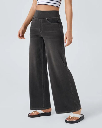 Jean à jambe large noir/gris foncé, taille mi-haute, poches et coutures