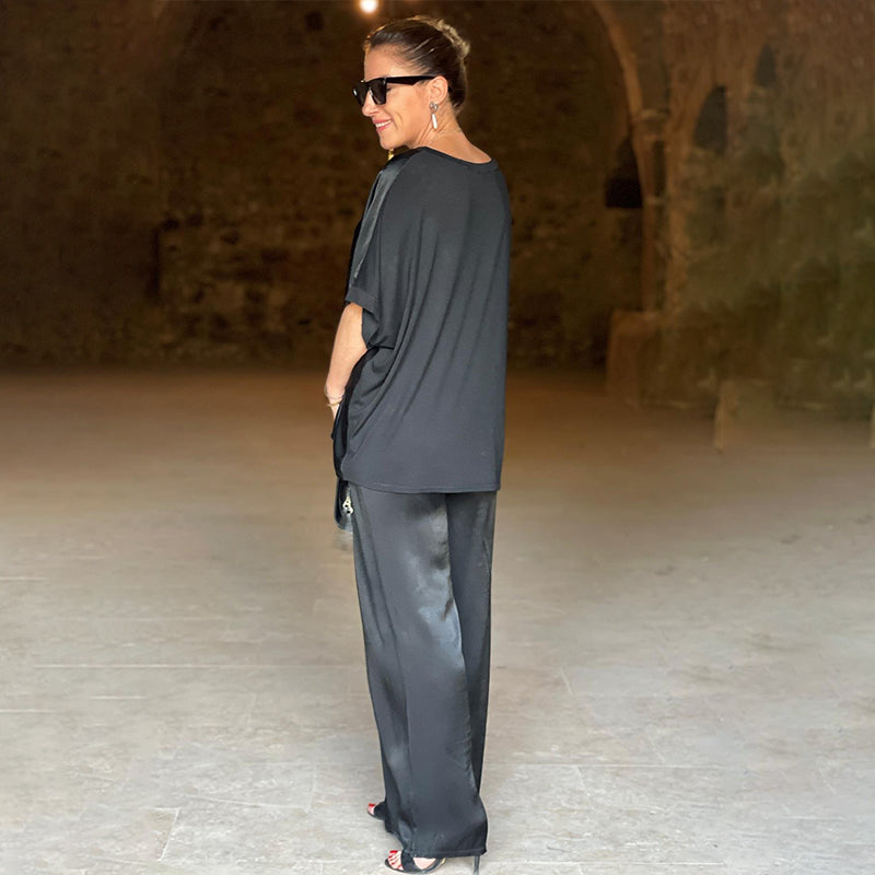 Ensemble satin brillant noir : haut ample au dos, pantalon large satiné