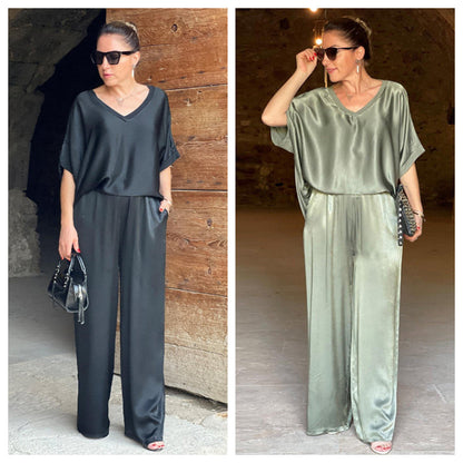 Ensemble satin brillant noir et vert : haut ample col V, pantalon large (2 coloris)