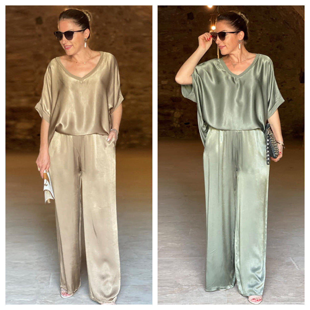 Ensemble satin brillant ivoire et vert : haut ample col V, pantalon large (2 coloris)