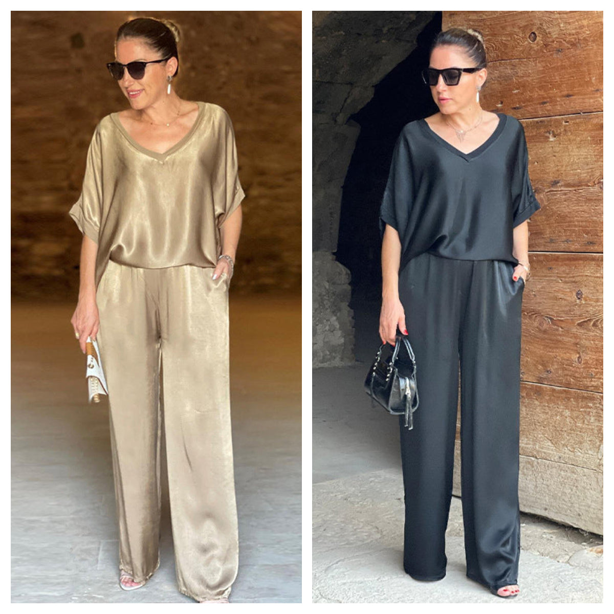 Ensemble satin brillant ivoire et noir : haut ample col V, pantalon large (2 coloris)