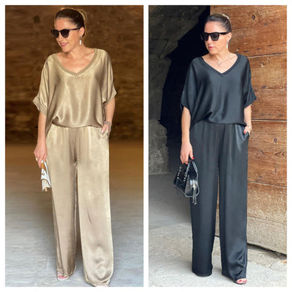 Ensemble satin brillant ivoire et noir : haut ample col V, pantalon large (2 coloris)