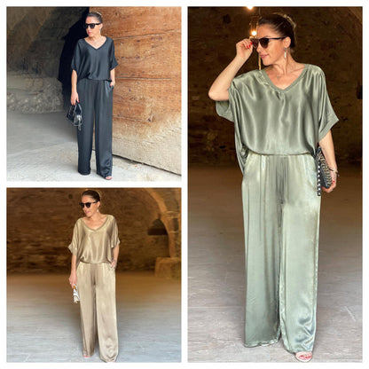 Ensemble satin brillant noir, vert et ivoire : haut ample col V, pantalon large (collage)