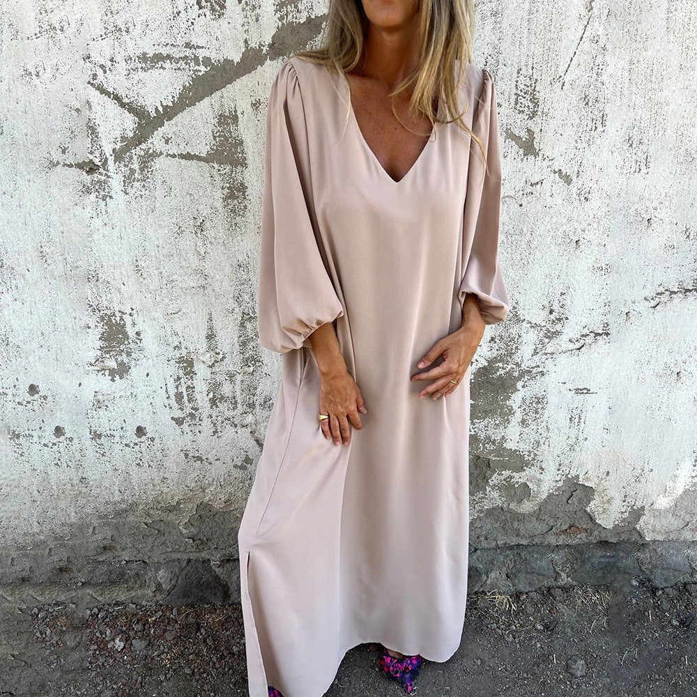 Robe bohème ample à encolure en V, manches bouffantes, robe longue abricot