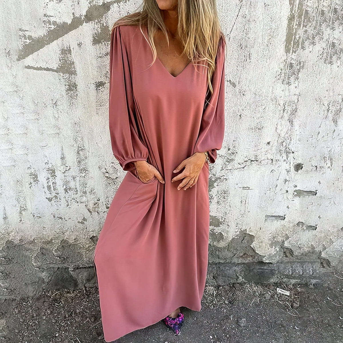 Robe bohème ample à encolure en V, manches bouffantes, robe mi-longue rose