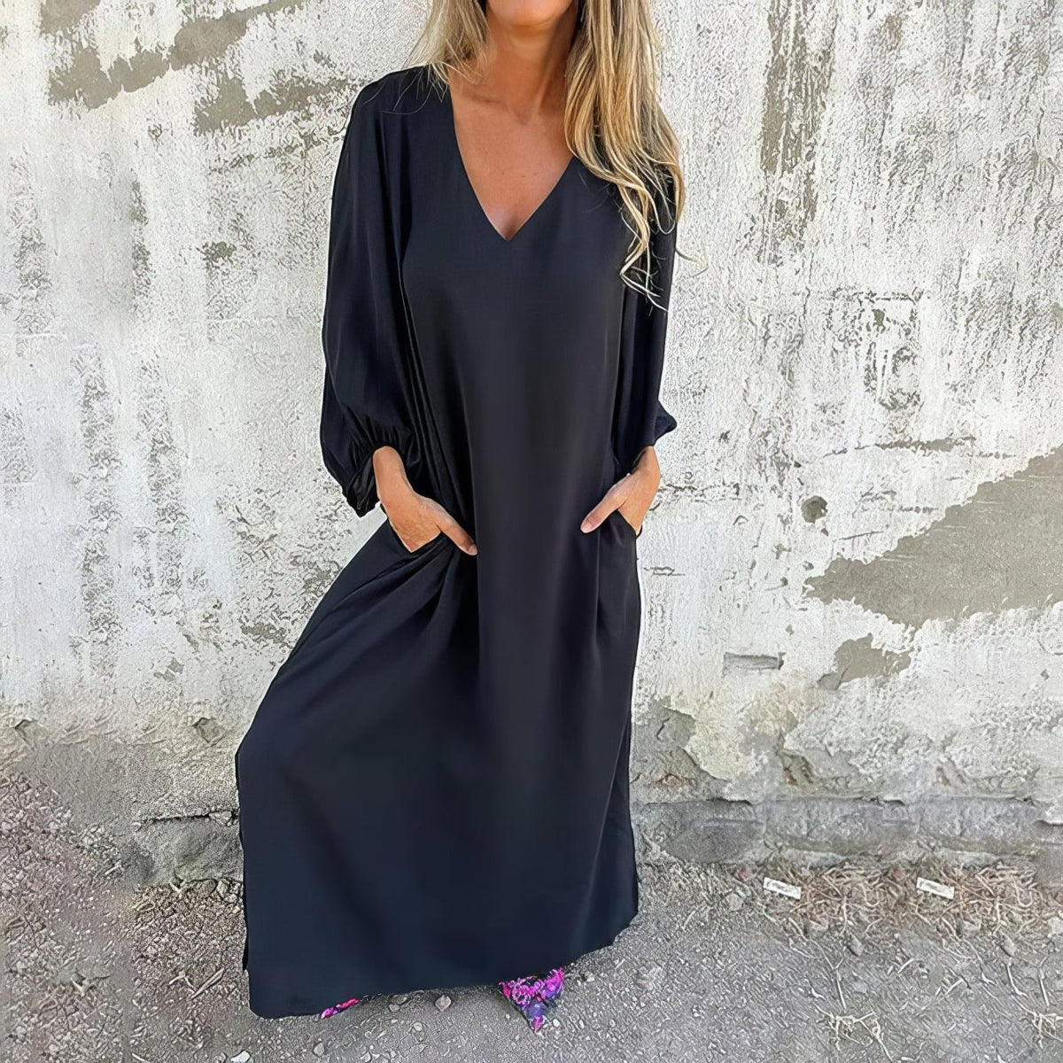 Robe bohème ample à encolure en V, manches bouffantes, robe longue noire