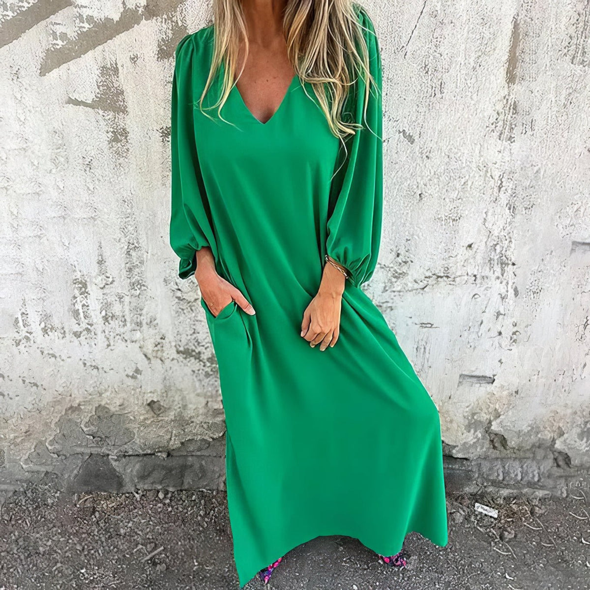Robe bohème ample à encolure en V, manches bouffantes, robe longue verte