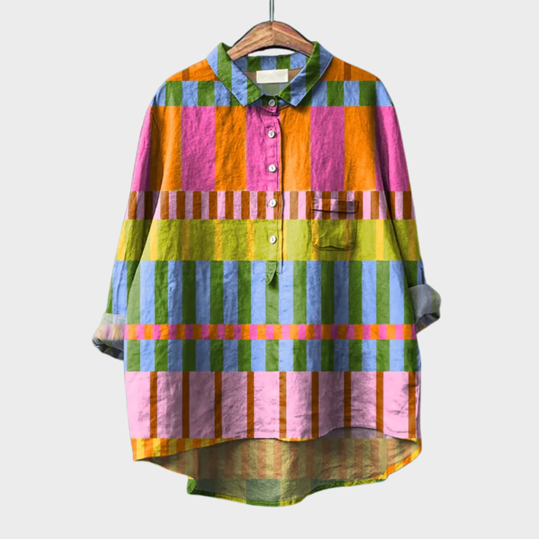 Blouse d’été en lin rayée orange, rose, vert et bleu, col à revers, boutons