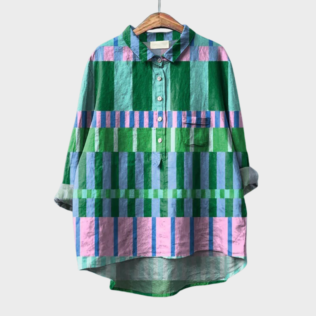Blouse d’été en lin rayée vert, bleu et violet, col à revers, boutons