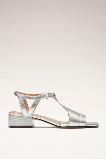 Sandales d’été à talon carré argent, bride à la cheville et bout ouvert