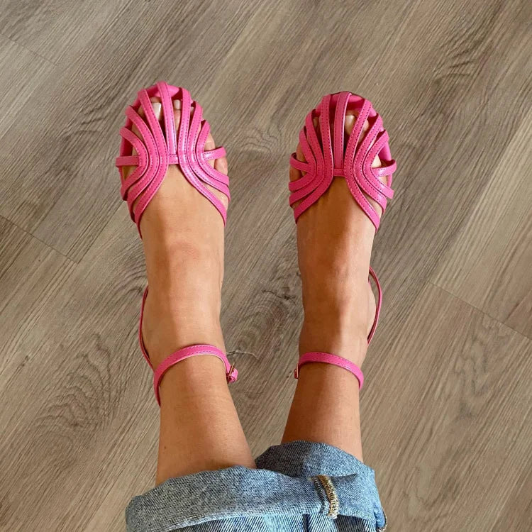 Sandales roses à brides croisées, lanière cheville, bout ouvert