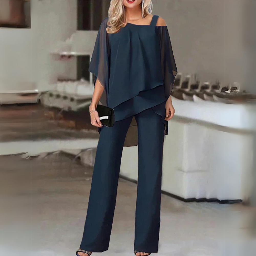 Ensemble bleu marine : haut drapé asymétrique et pantalon évasé