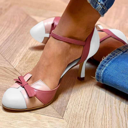 Sandales vintage Vessa à talon, rose poudré et blanc, nœud sur le dessus.