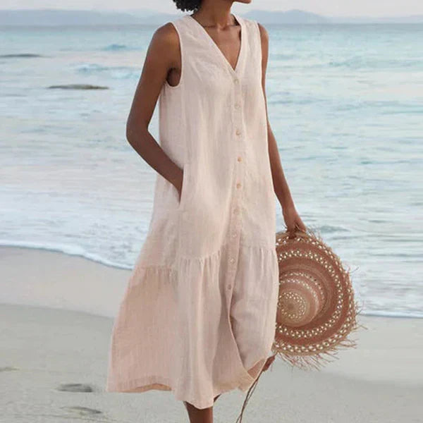 Robe chemise d’été rose pâle sans manches, encolure V boutonnée, coupe ample midi