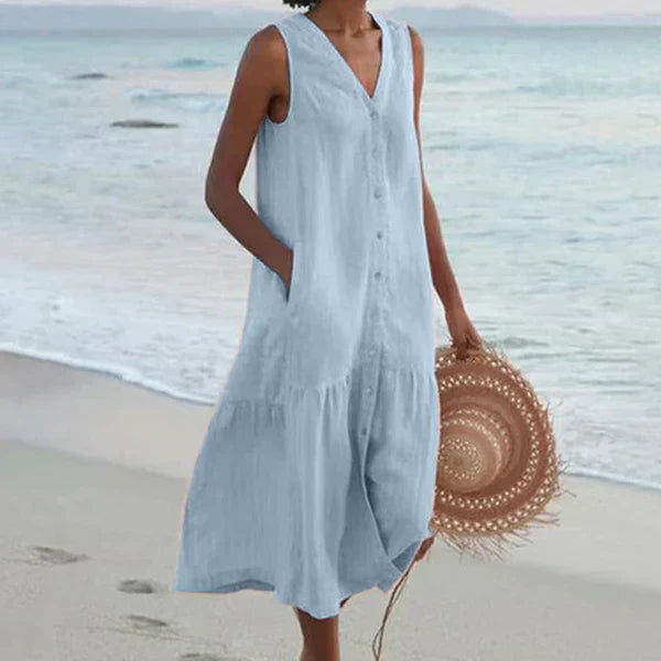 Robe chemise d’été bleu clair sans manches, encolure V boutonnée, coupe ample midi
