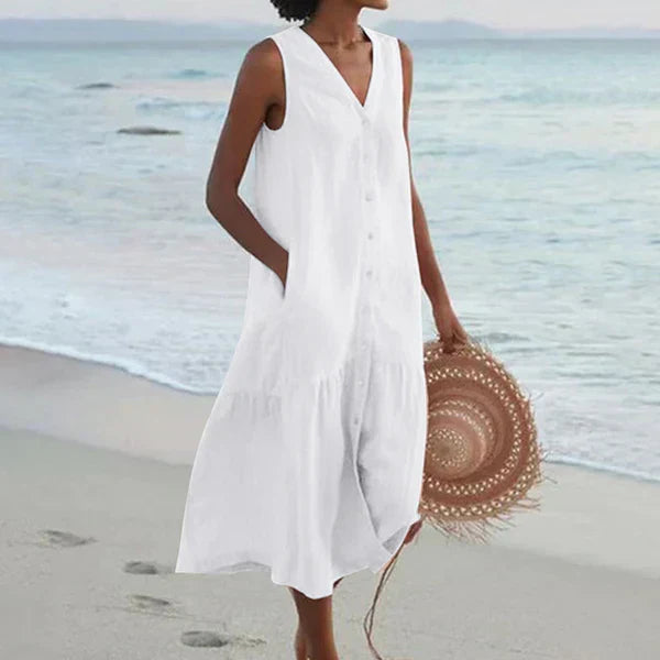 Robe chemise d’été blanche sans manches, encolure V boutonnée, jupe ample midi