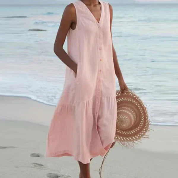 Robe chemise d’été rose clair sans manches, encolure V boutonnée, coupe ample midi