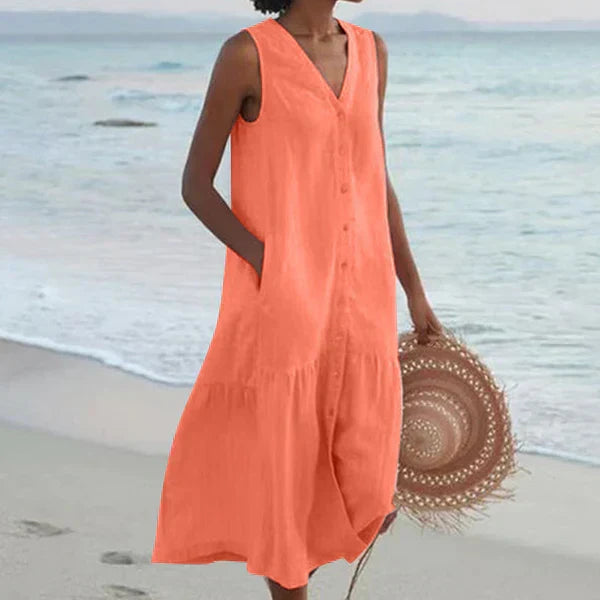 Robe chemise d’été orange sans manches, encolure V boutonnée, coupe ample midi