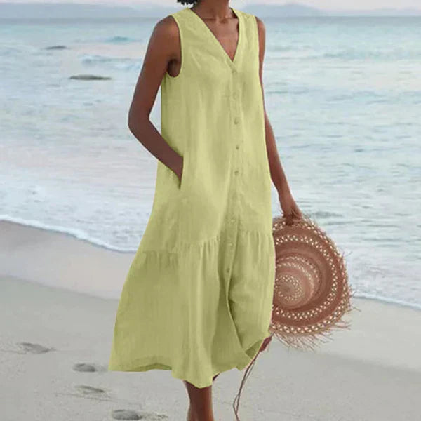 Robe chemise d’été vert clair sans manches, encolure V boutonnée, coupe ample midi