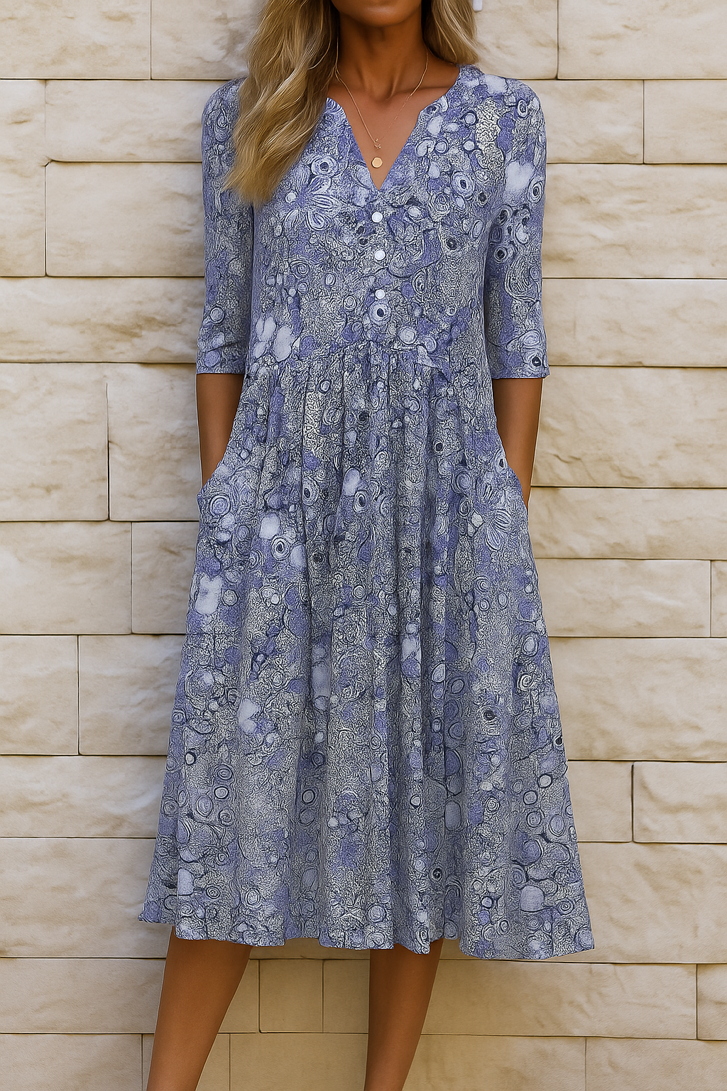 Robe midi imprimée bleue, col V, manches 3/4, jupe évasée