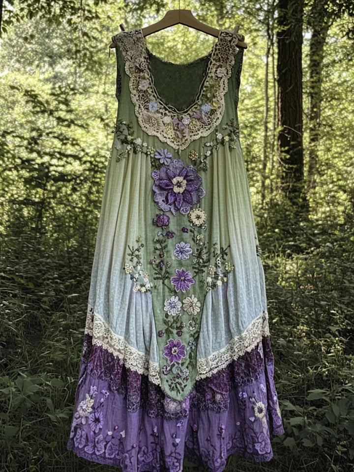 Robe bohème en lin vert clair et bleu, broderies florales multicolores