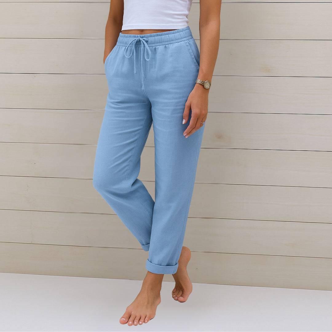 Pantalon extensible en lin bleu clair, taille élastique à cordon et bas resserré