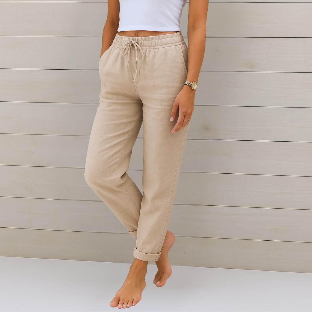 Pantalon extensible en lin beige, taille élastique à cordon et bas resserré