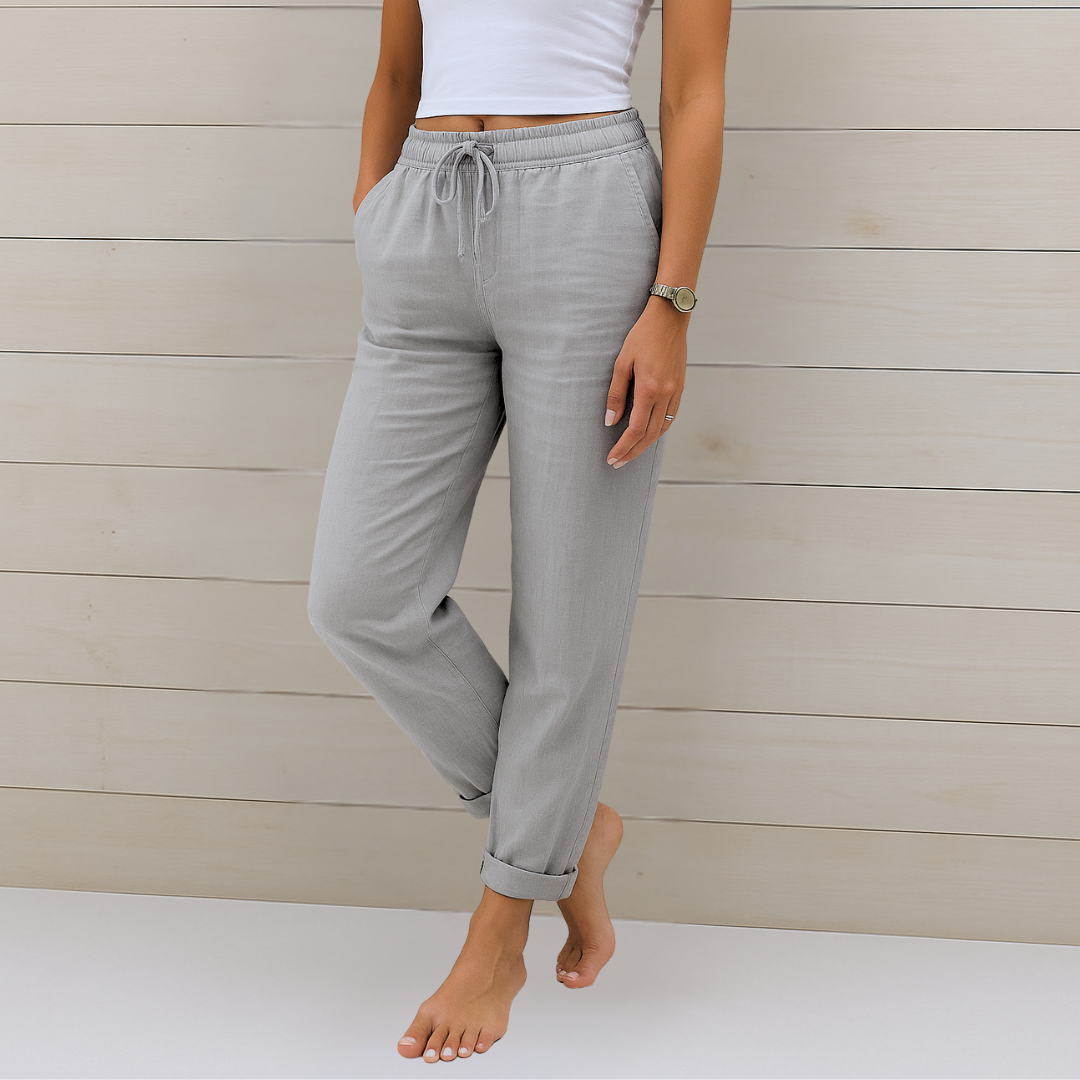 Pantalon extensible en lin gris clair, taille élastique à cordon et bas resserré