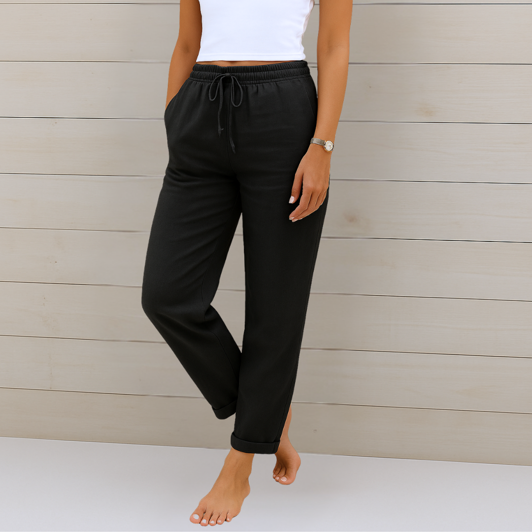 Pantalon extensible en lin noir, taille élastique à cordon et chevilles resserrées
