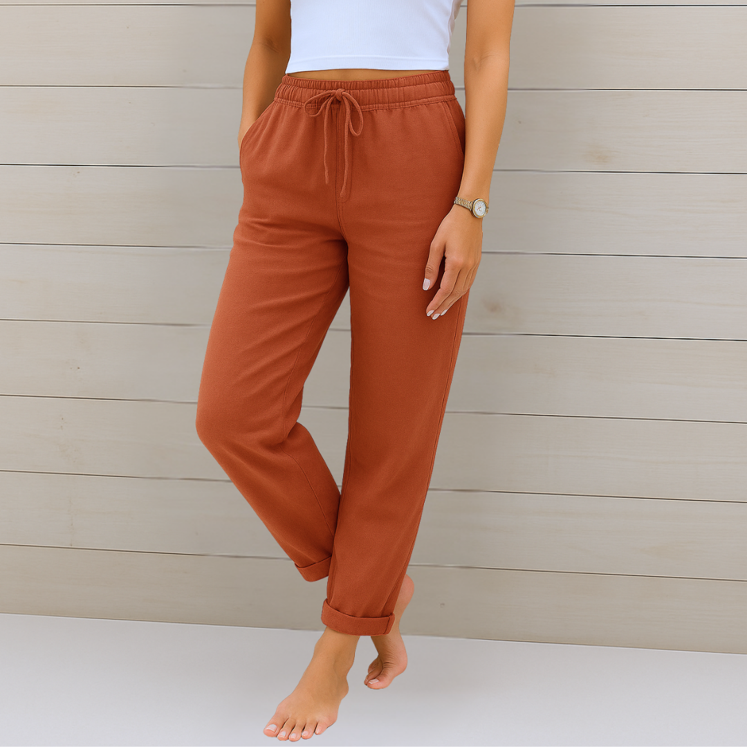Pantalon extensible en lin terracotta, taille élastique avec cordon et bas resserré