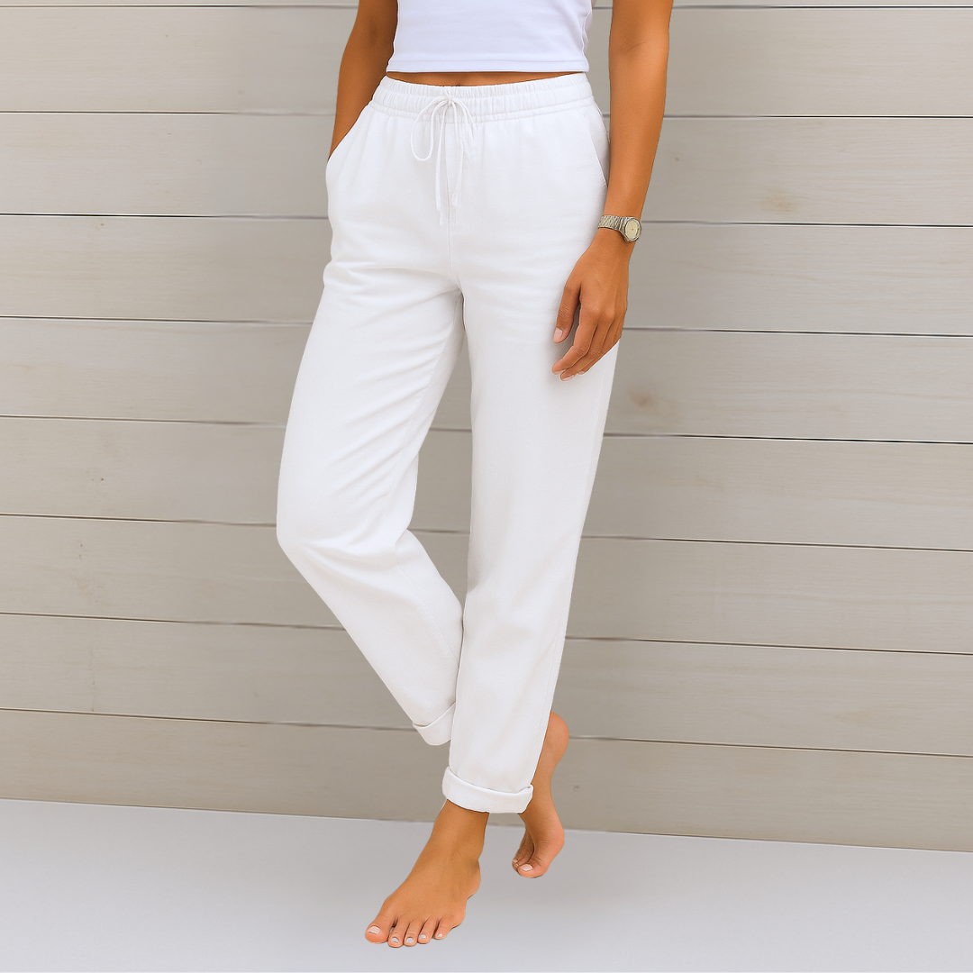 Pantalon extensible en lin blanc, taille élastique avec cordon et chevilles resserrées